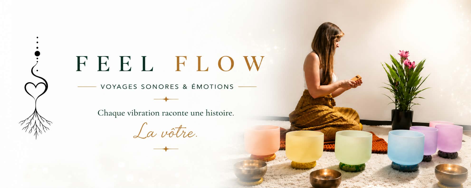 Praticienne assise avec des bols chantants en cristal, atmosphère sereine et lumineuse