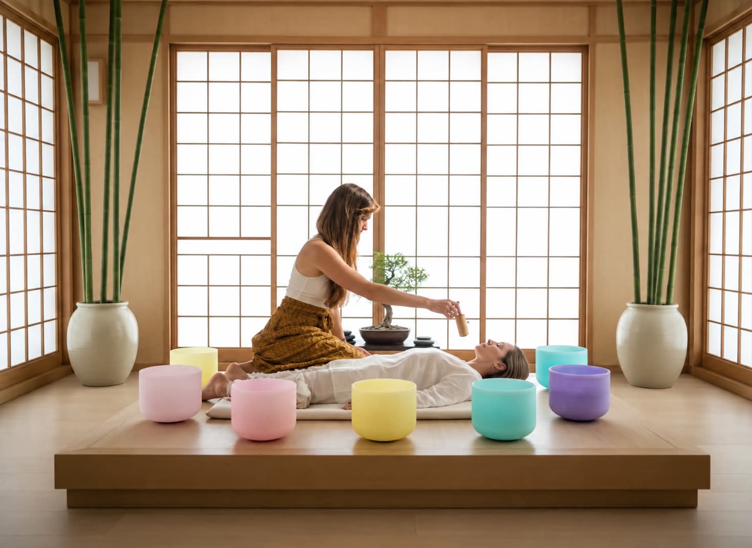 An elegant individual sound healing session in a minimalist Japanese-inspired room with clean lines, bamboo, soft natural light and zen decor. A stylish woman with long ash blonde hair (châtain blond), wearing a colorful flowing skirt or fitted pants with a silk scarf tied around her hips, gracefully and actively playing colorful crystal singing bowls (pink, yellow, green, blue, purple) arranged around a woman lying peacefully on a white mat with eyes closed. Bright airy atmosphere, sophisticated and serene, sense of movement and intention, photographic quality, no incense, no smoke.