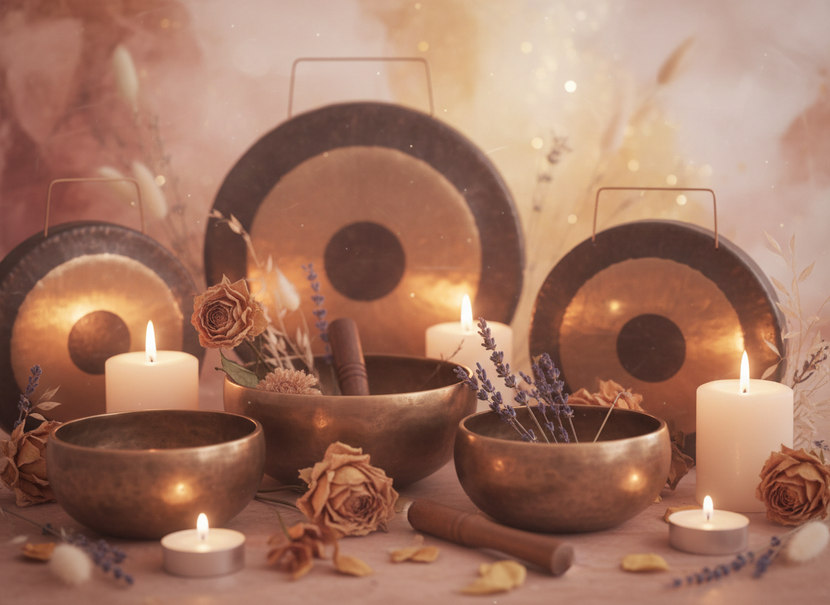 Peaceful abstract close-up of gong and singing bowls arranged with dried flowers and candles, soft powdery rose and golden light, dreamy zen still life, warm spiritual atmosphere
