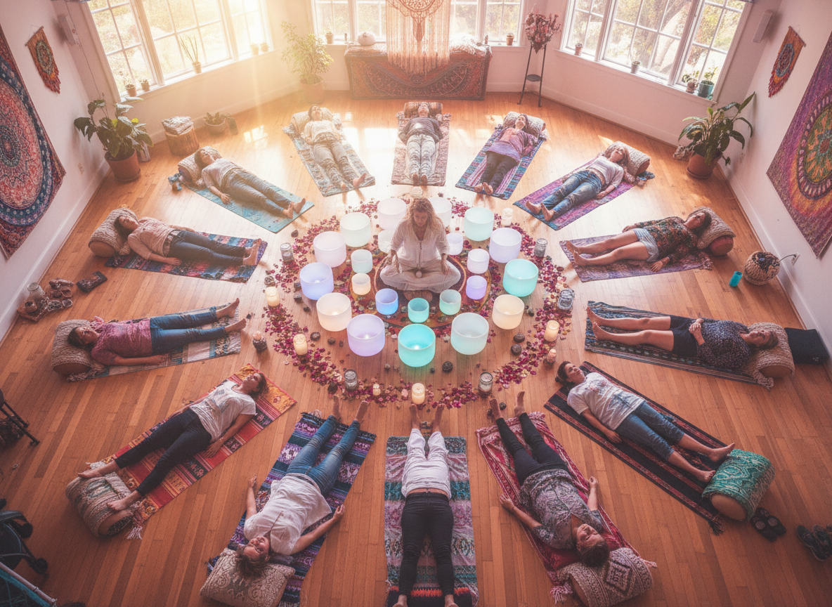 A serene group sound healing session led by a young French woman with long blonde hair with bangs, fine facial features, fair skin, wearing a white tank top and a bohemian flowy printed skirt, sitting gracefully in the center among a small group of people lying down on yoga mats in a softly lit peaceful space. She is playing crystal singing bowls with her eyes gently closed, serene expression. Warm golden and powdery rose tones, soft diffused light, spiritual feminine atmosphere. Photorealistic, elegant, zen, wellness photography style.